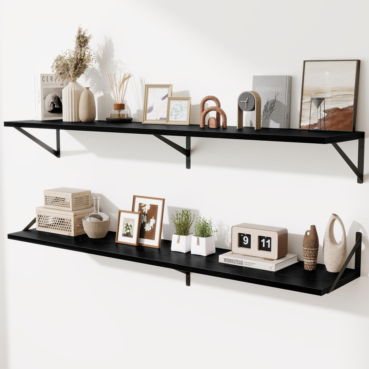 Acovy Deep Floating Shelves Wall Mounted, 36"x12" Black Wall Shelves with Brackets Set of 2 for Bedroom, Living Room, Bathroom, Kitchen, Office - Storage & Display Shelf for Decor, Books, Plants