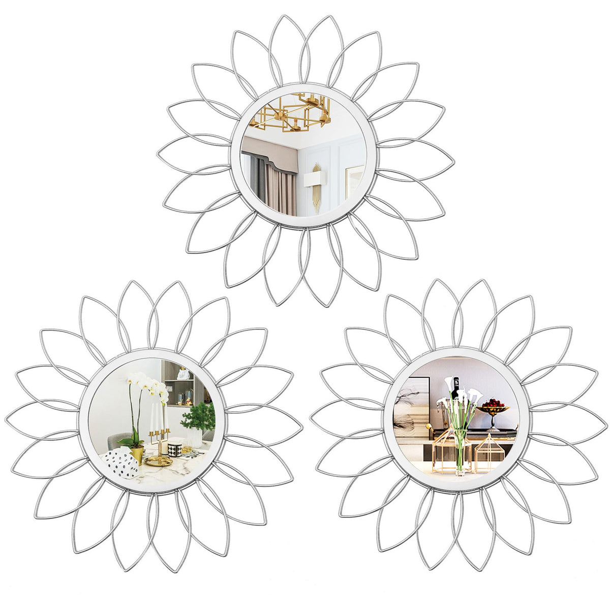 3 Pack Metal Mirrors for Wall Sunburst Wall Mirrors Home Décor Decorative Hanging Wall Art for Living Room Bedroom Entryway (Gold, Flower+Sunburst)
