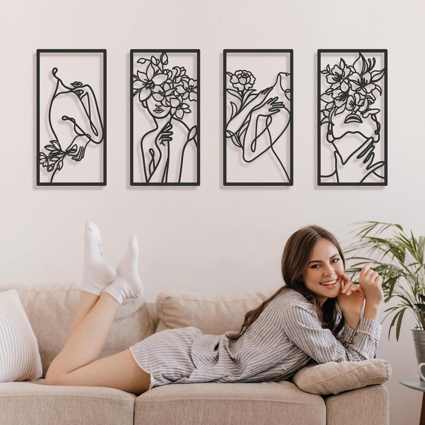 Black Metal Abstract Wall Art, Minimalist Woman Flower Bathroom Wall Decor