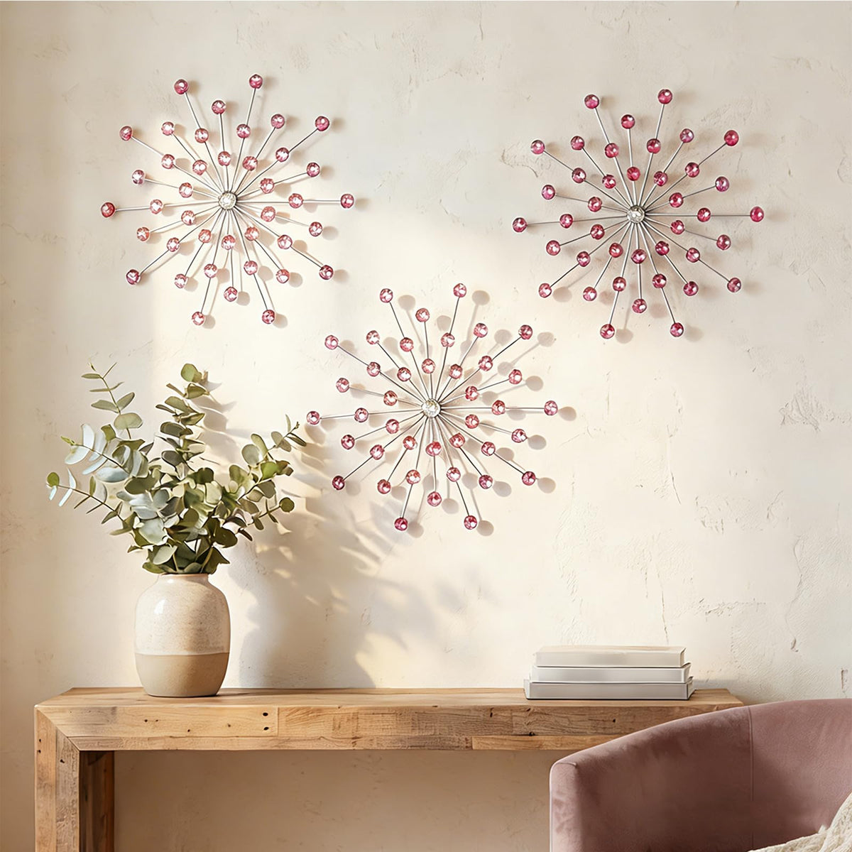 ZEXUIRU 3 Set Silver Starburst Wall Art for Home Decor Metal Bling Crystal Rhinestones Sunburst Wall Decor Sparkling Rhinestone Art Accent Silver - 13in