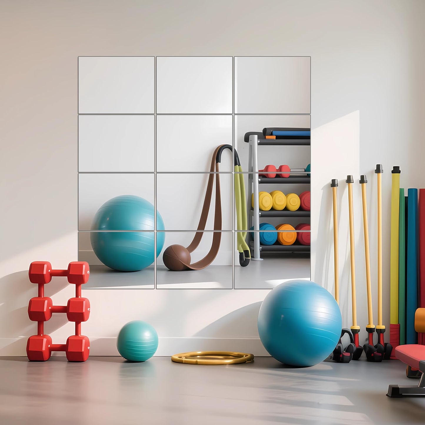 Ruomeng Home Gym Mirrors 12 Inch x 12Pcs Wall Mounted Mirror Glass Frameless Full Length Mirror Tiles for Home Gym, Bedroom, Door & Bathroom