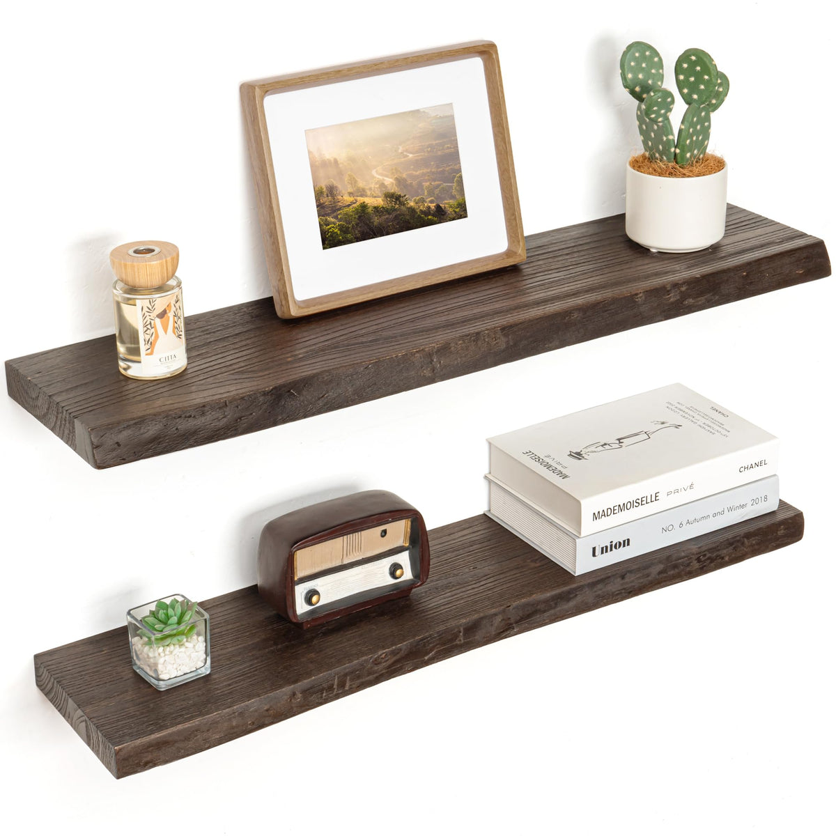 Floating Shelves for Wall Decor, Rustic Solid Elm Wood Live Edge Floating Shelves Wall Mounted, Wall Shelves with Invisible Bracket for Living Room Bathroom Bedroom Kitchen, 24 Inch Set of 2, Natural