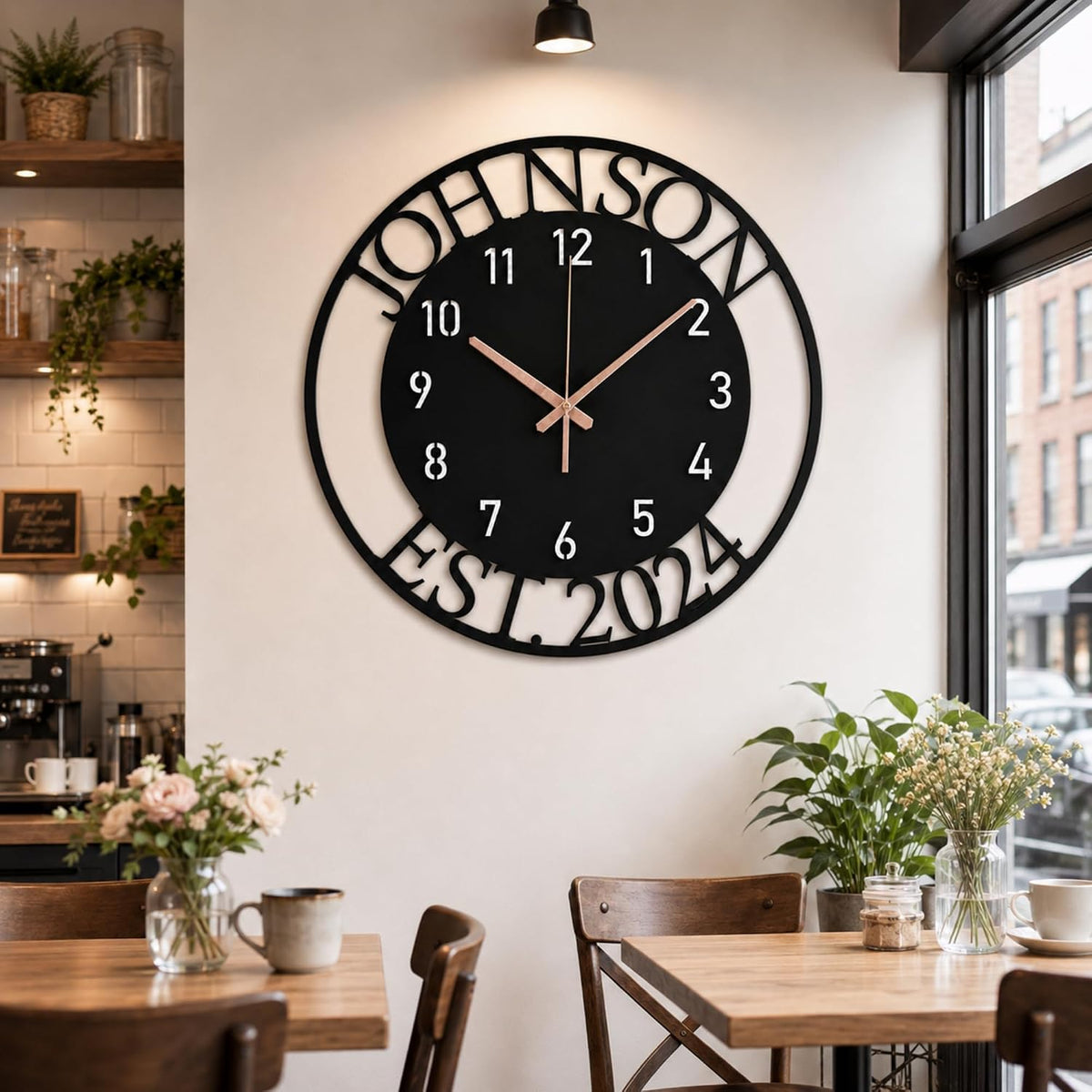 Custom Large Metal Wall Clock, Personalized Last Name and Established Year, Silent Non-Ticking Steel Clock, Family Decor for Living Room, Wedding, Anniversary or Housewarming Gift