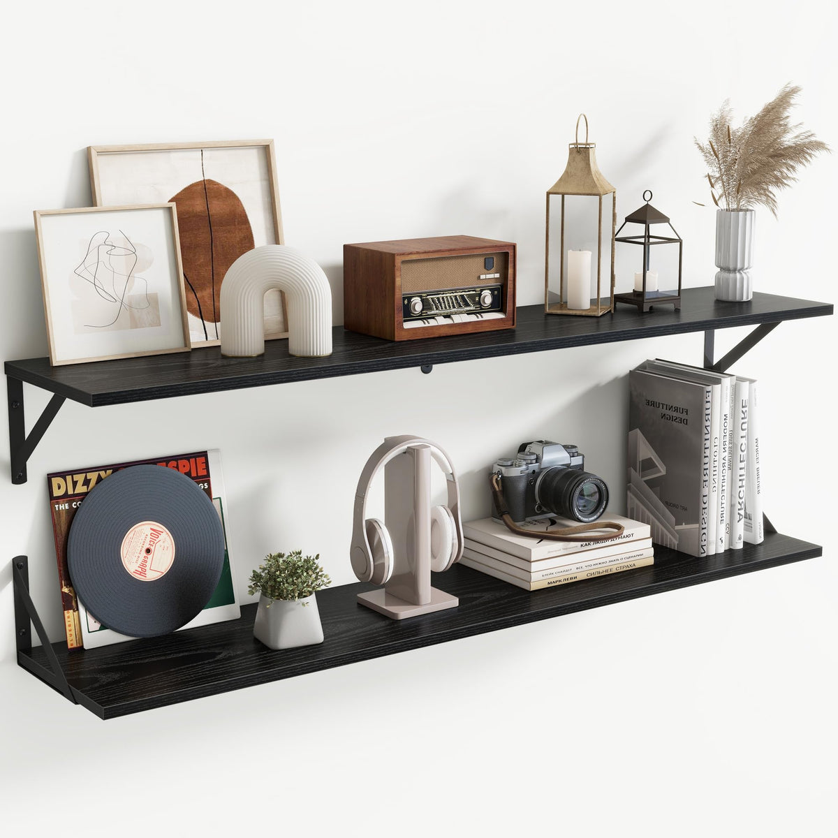 Acovy Deep Floating Shelves Wall Mounted, 36"x12" Black Wall Shelves with Brackets Set of 2 for Bedroom, Living Room, Bathroom, Kitchen, Office - Storage & Display Shelf for Decor, Books, Plants