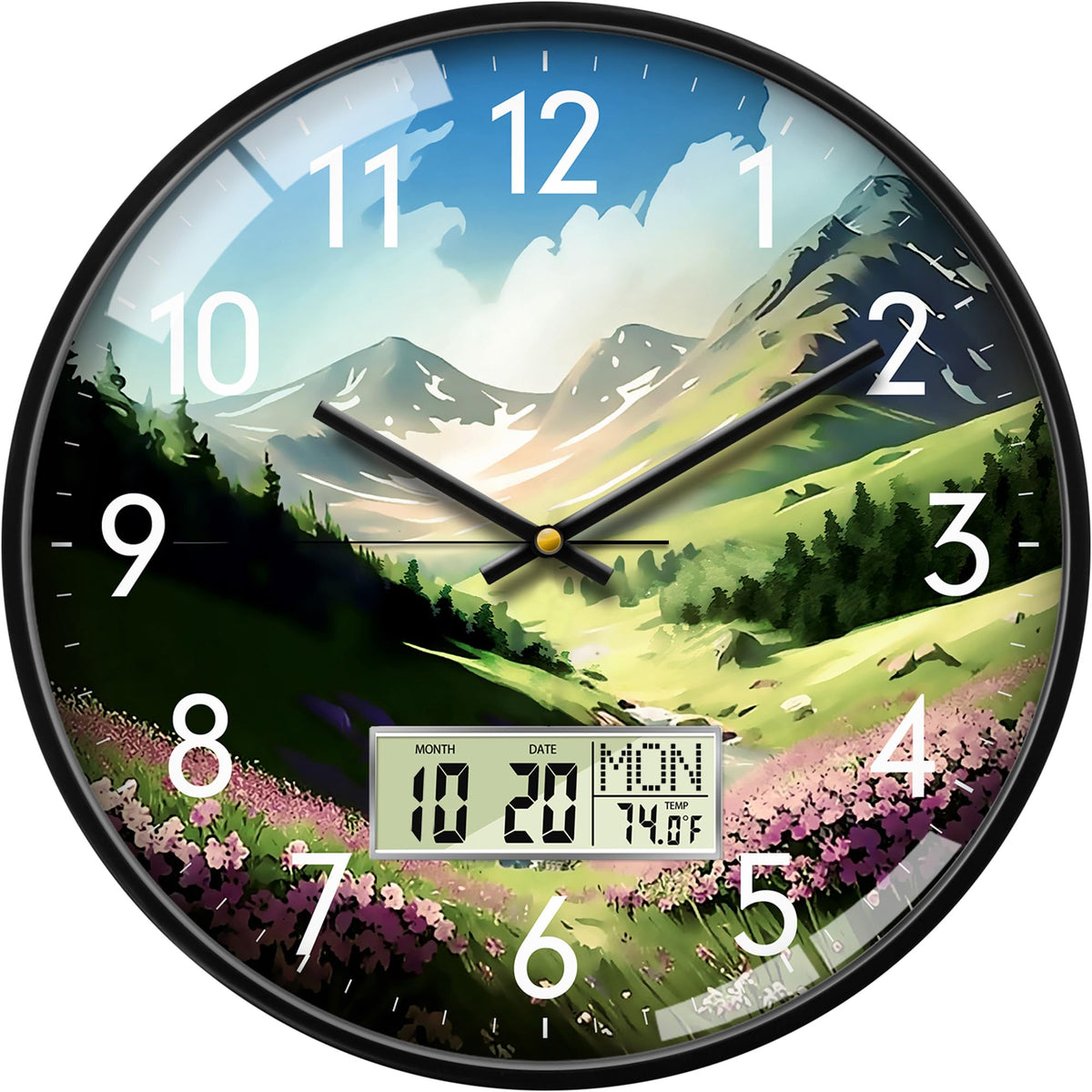 12" Wilderness Sunset Wall Clock, Analog Clock with Digital Display