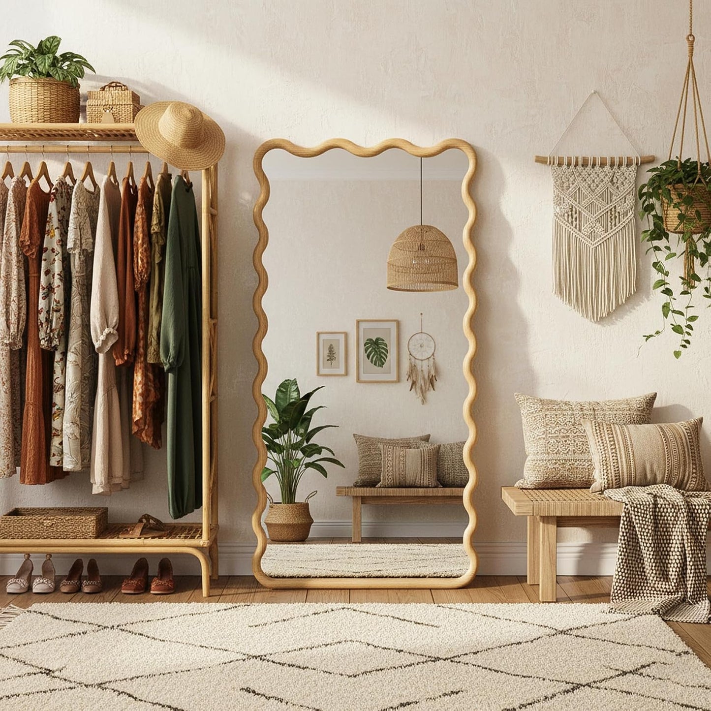 Full Length Mirror, 55”x28” Wavy Wood Floor Mirror for Wall