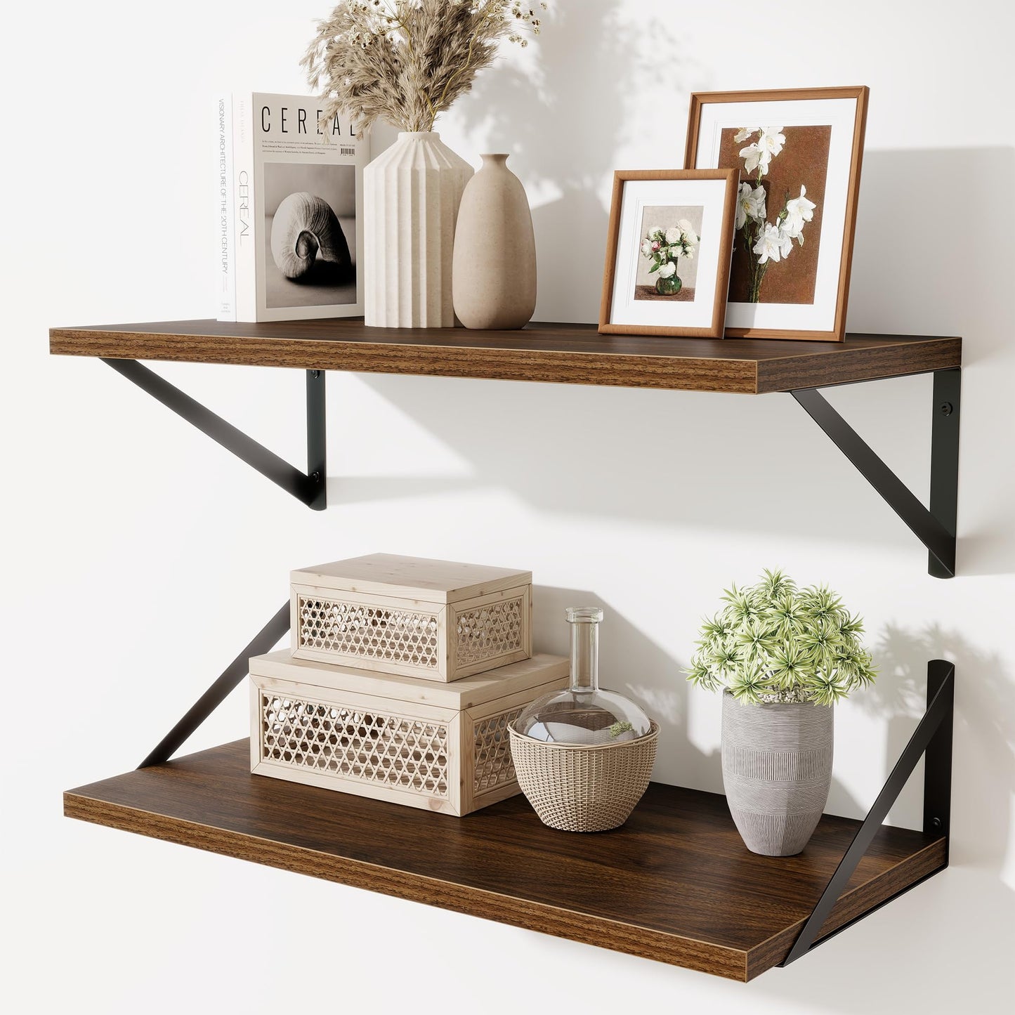 Acovy Deep Floating Shelves Wall Mounted, 36"x12" Black Wall Shelves with Brackets Set of 2 for Bedroom, Living Room, Bathroom, Kitchen, Office - Storage & Display Shelf for Decor, Books, Plants