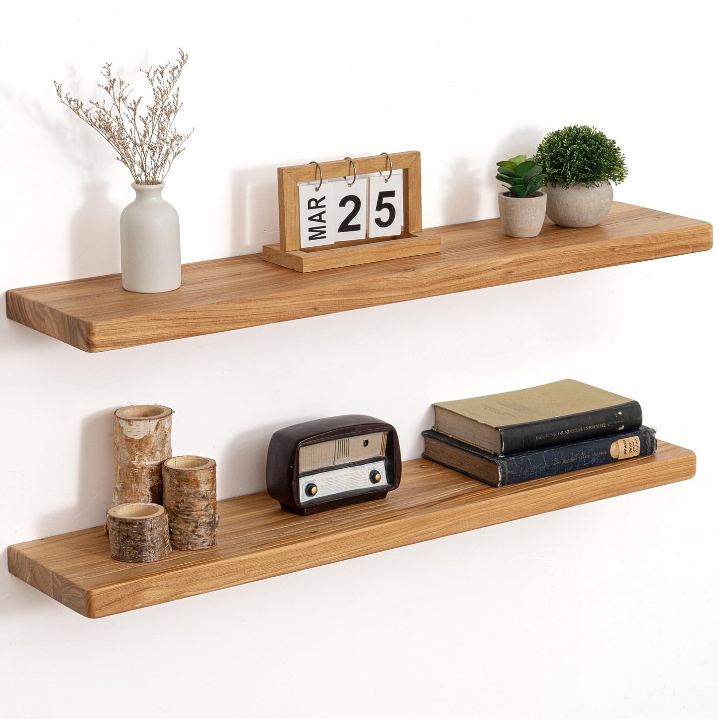 Floating Shelves for Wall Decor, Rustic Solid Elm Wood Live Edge Floating Shelves Wall Mounted, Wall Shelves with Invisible Bracket for Living Room Bathroom Bedroom Kitchen, 24 Inch Set of 2, Natural