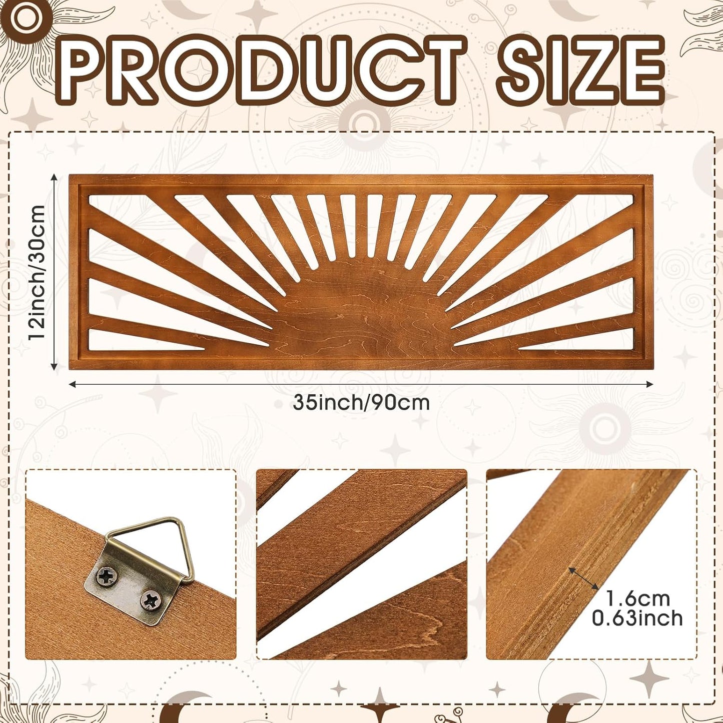 Burbell Horizontal Sun Wall Art 35"x12" Boho Wooden Room Decor,Dark Brown