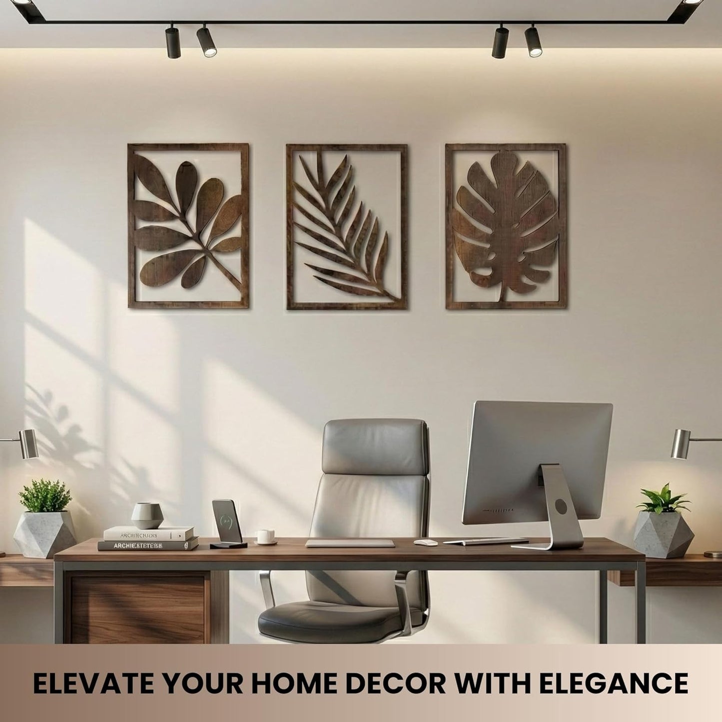 qmmp Modern Wooden Wall Sculptures - Set of 3 - Home Decor Accent - Large Wall Art for Living Room, Bedroom, Office - Easy Installation (Walnut, Large - Tree Leaves)