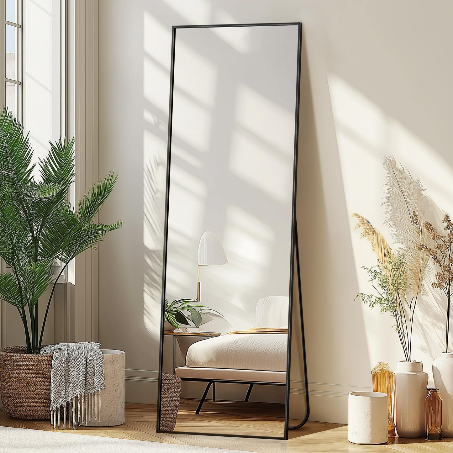 Delma Full Length Mirror with Stand, Black Floor Mirror