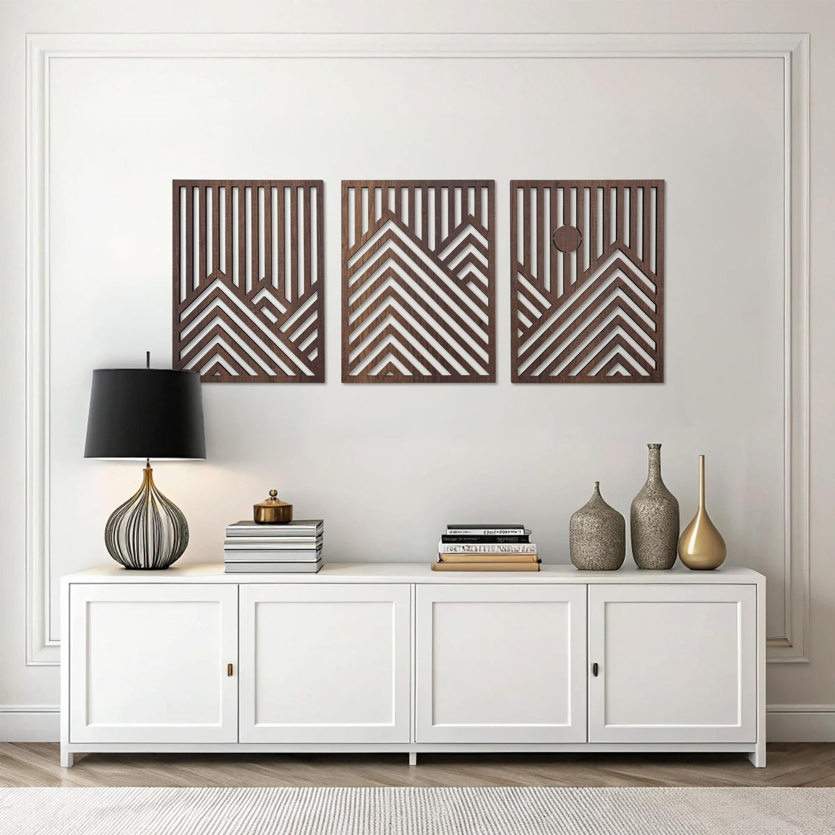 qmmp Modern Wooden Wall Sculptures - Set of 3 - Home Decor Accent - Large Wall Art for Living Room, Bedroom, Office - Easy Installation (Walnut, Medium - Mountain and Sun)