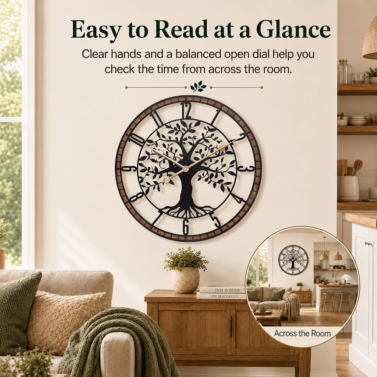 24 Inch Large Modern Metal Tree Wall Clock for Living Room Decor,Wood Frame