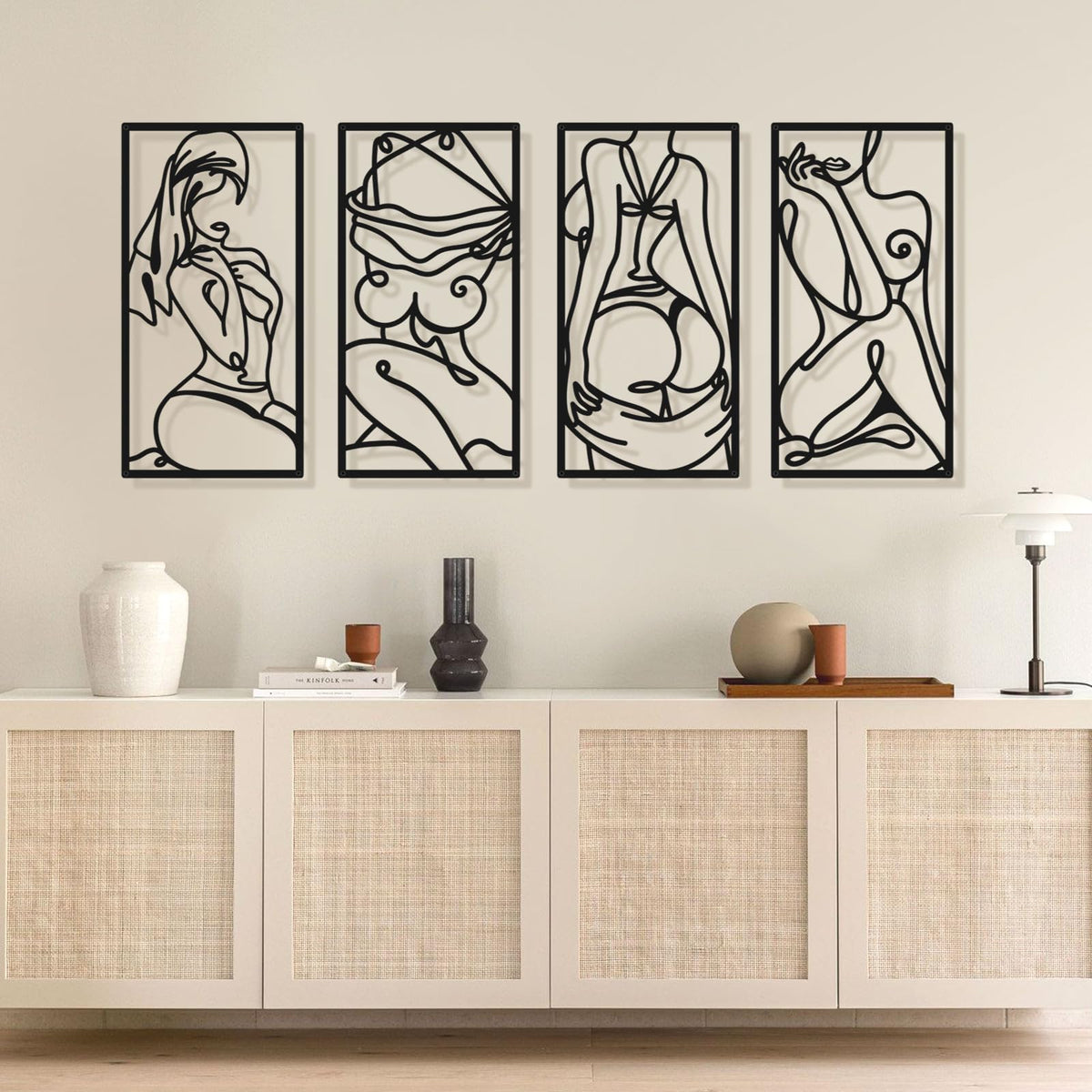 Black Metal Abstract Wall Art, Minimalist Woman Flower Bathroom Wall Decor