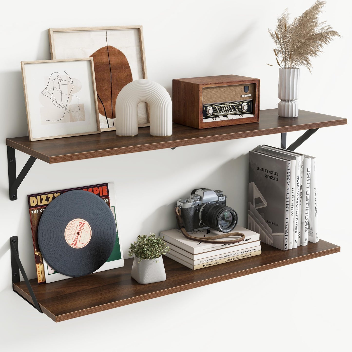 Acovy Deep Floating Shelves Wall Mounted, 36"x12" Black Wall Shelves with Brackets Set of 2 for Bedroom, Living Room, Bathroom, Kitchen, Office - Storage & Display Shelf for Decor, Books, Plants