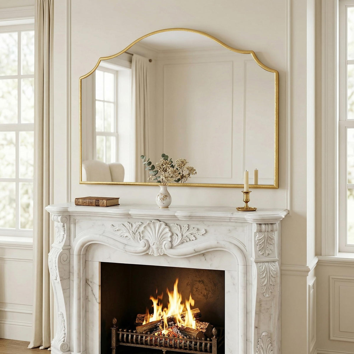 40"x29" Large Arched Gold Wall Mirror,Scalloped Edge Modern Bathroom Mirror