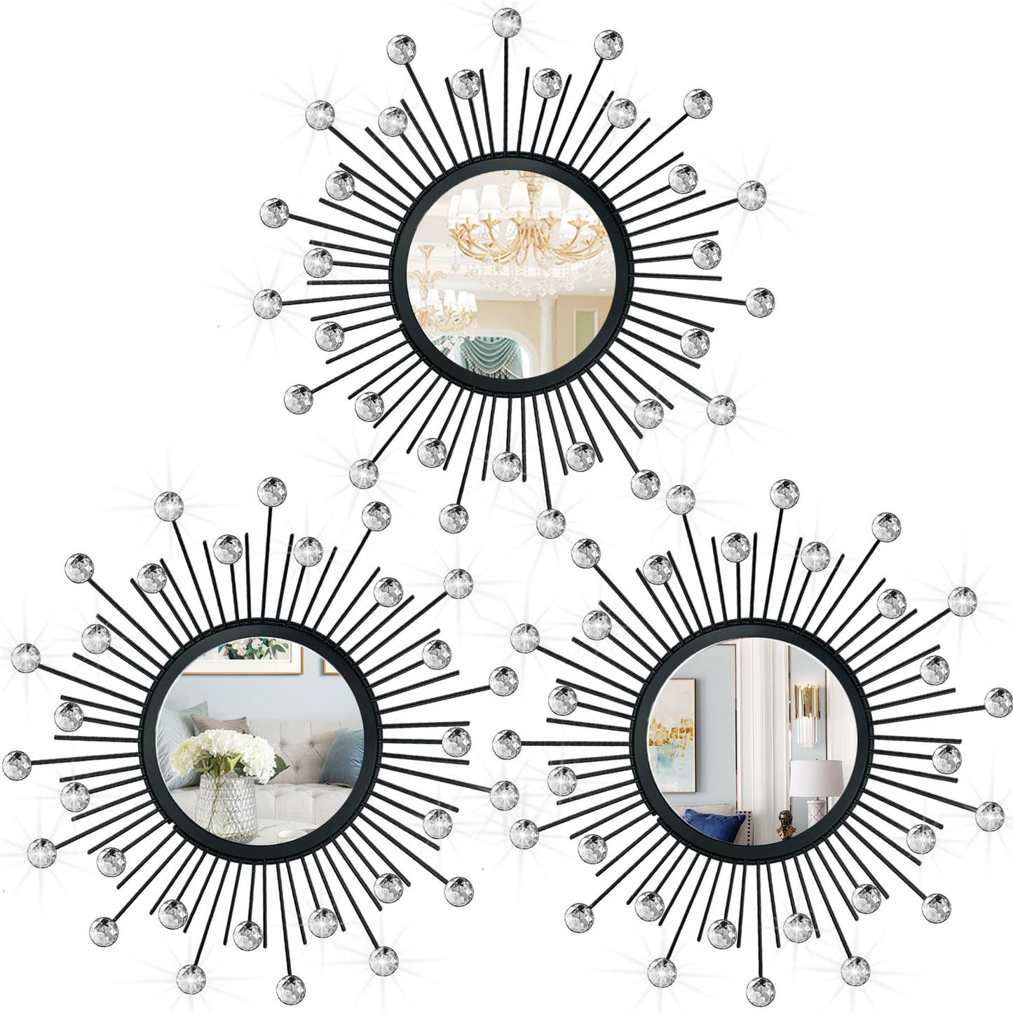 3 Pack Metal Mirrors for Wall Sunburst Wall Mirrors Home Décor Decorative Hanging Wall Art for Living Room Bedroom Entryway (Gold, Flower+Sunburst)