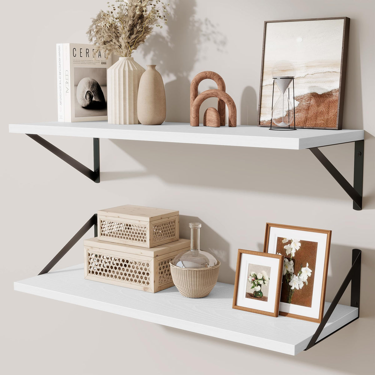 Acovy Deep Floating Shelves Wall Mounted, 36"x12" Brown Wood Shelves with Brackets Set of 2 for Bedroom, Living Room, Bathroom, Kitchen, Office - Storage & Display Shelf for Decor, Books, Plants