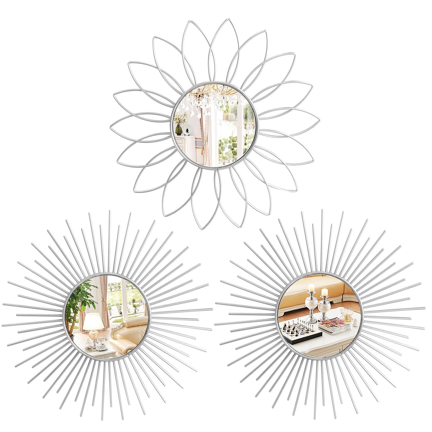3 Pack Metal Mirrors for Wall Sunburst Wall Mirrors Home Décor Decorative Hanging Wall Art for Living Room Bedroom Entryway (Gold, Flower+Sunburst)