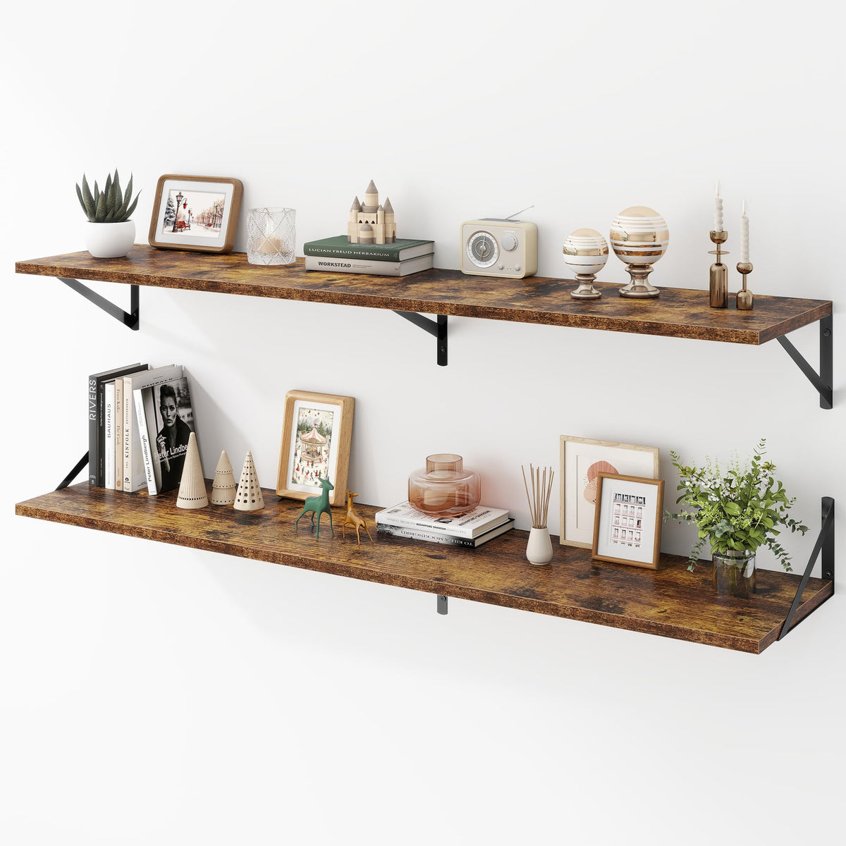 Acovy Deep Floating Shelves Wall Mounted, 36"x12" Brown Wood Shelves with Brackets Set of 2 for Bedroom, Living Room, Bathroom, Kitchen, Office - Storage & Display Shelf for Decor, Books, Plants
