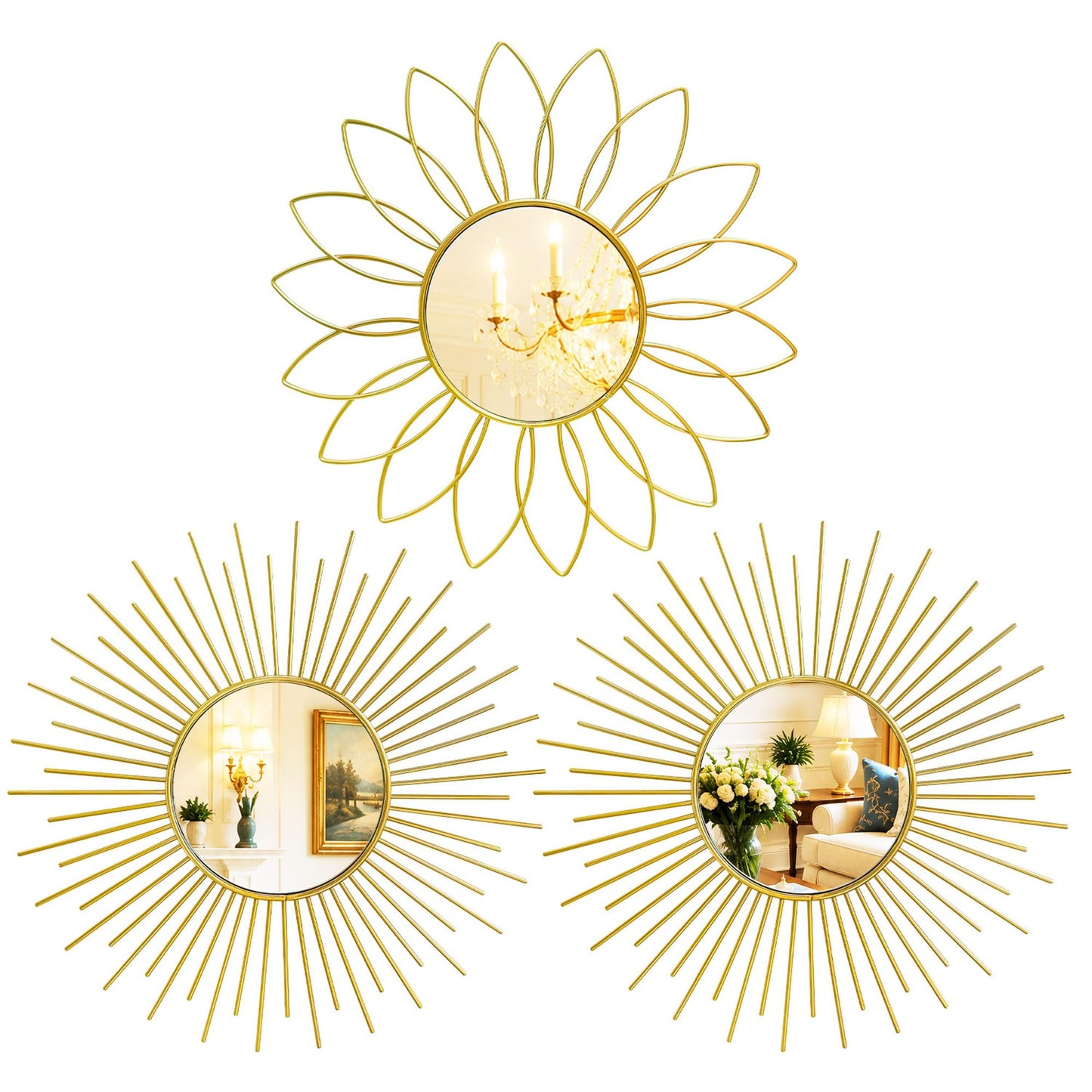 3 Pack Metal Mirrors for Wall Sunburst Wall Mirrors Home Décor Decorative Hanging Wall Art for Living Room Bedroom Entryway (Gold, Flower+Sunburst)