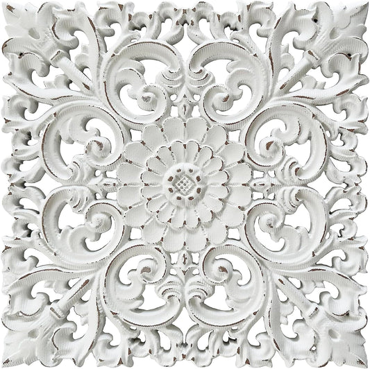 Musanpou Unique Hand Carved Wooden Wall Panels with Hanging Floral Decorations - Rustic Farmhouse Living Room and Bedroom Wall Decoration