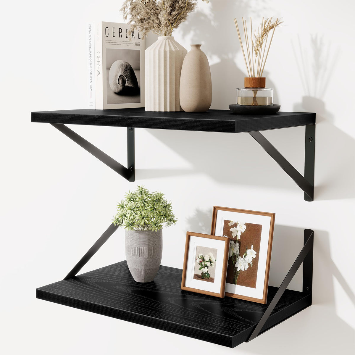 Acovy Deep Floating Shelves Wall Mounted, 36"x12" Black Wall Shelves with Brackets Set of 2 for Bedroom, Living Room, Bathroom, Kitchen, Office - Storage & Display Shelf for Decor, Books, Plants