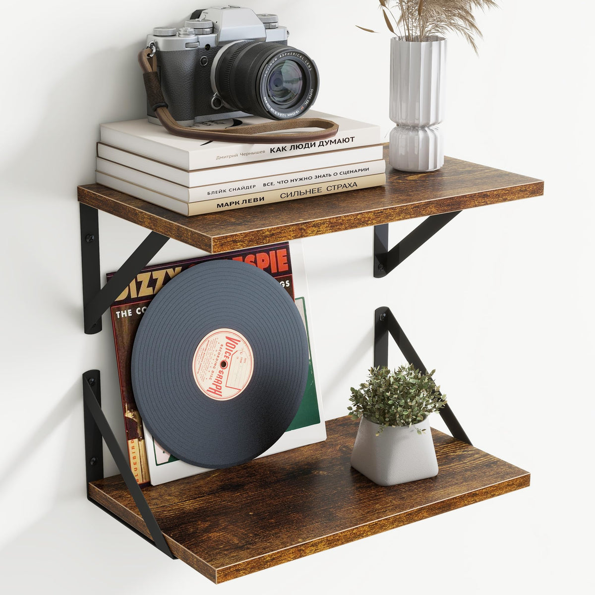 Acovy Deep Floating Shelves Wall Mounted, 36"x12" Brown Wood Shelves with Brackets Set of 2 for Bedroom, Living Room, Bathroom, Kitchen, Office - Storage & Display Shelf for Decor, Books, Plants