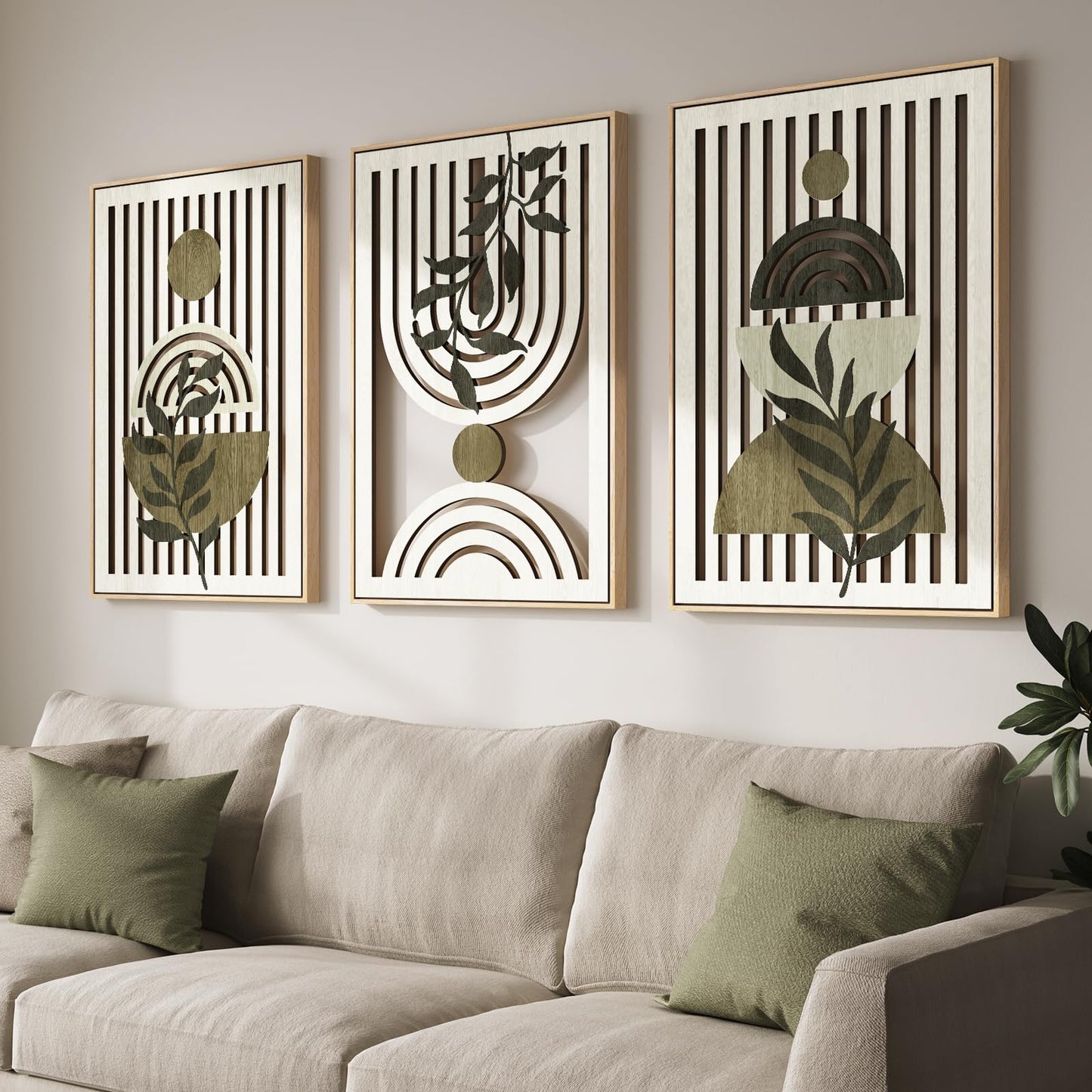 Framed Boho Cutout Carved Wood Wall Art Decor for Living Room, 24x36 Inch