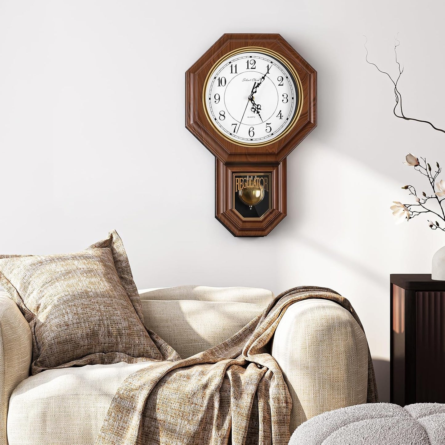 Pendulum Wall Clock,Imitation Wood Plastic Regulator Wall Clocks,Brown