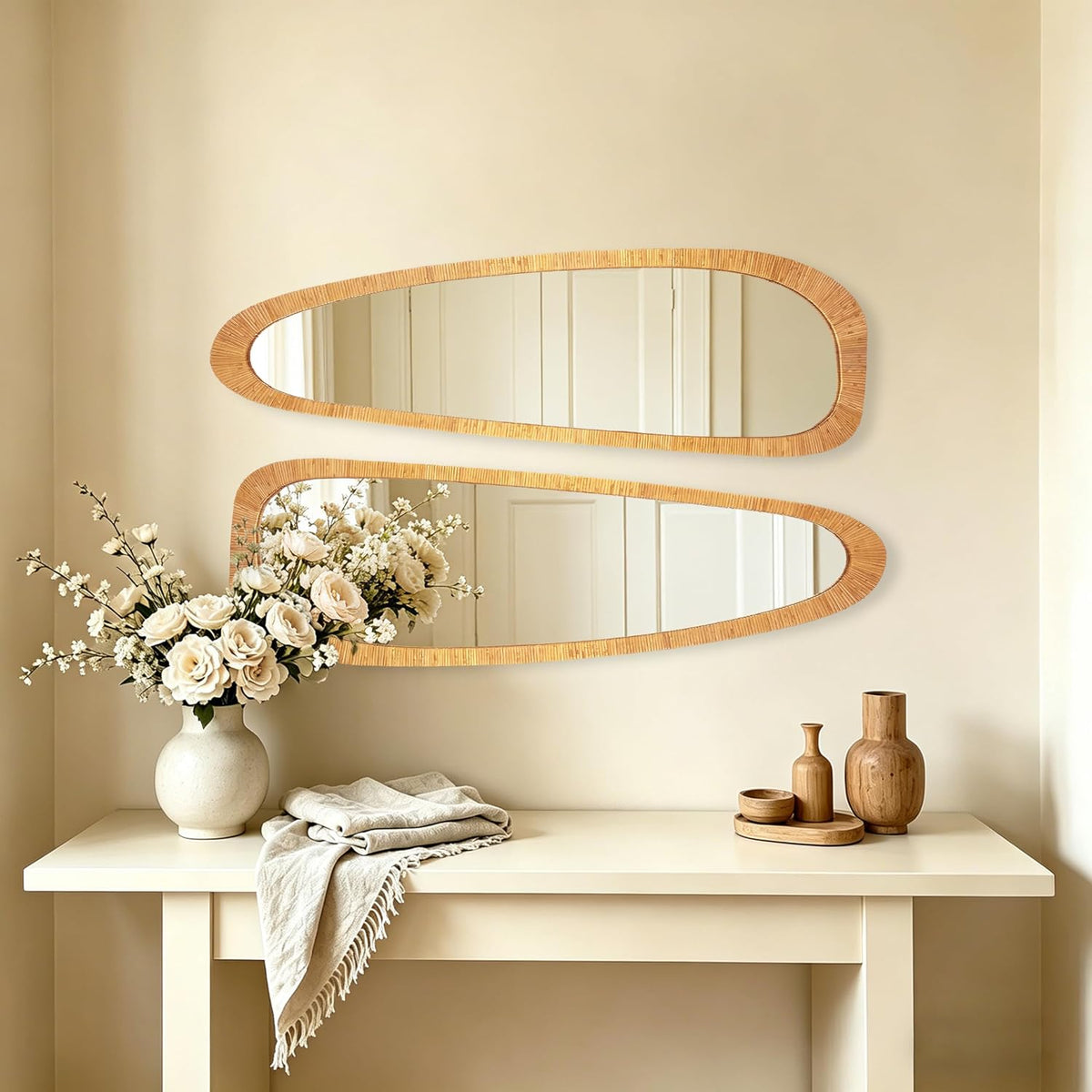BAODANFU Irregular Natural Rattan Mirror, 18×53 Inch Full Length Wall Mirror, 4-Way Handwoven Decorative Asymmetrical Mirrors, Boho Rustic Decor for Entryway Bedroom Living Room Home
