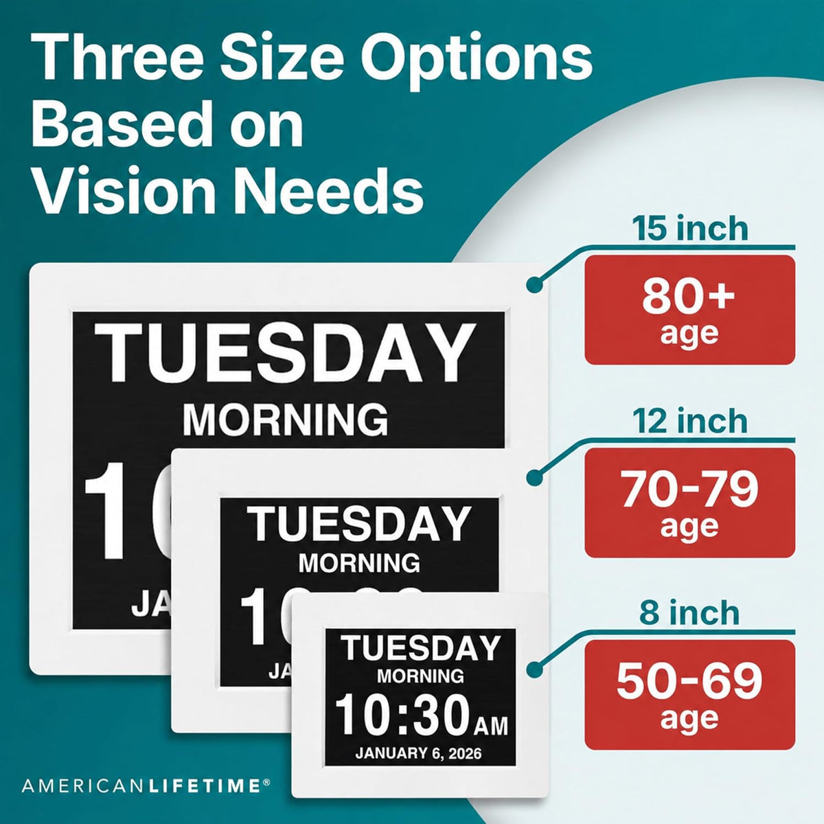 American Lifetime New 2026 Dementia Clock Large for Seniors, Digital Clock Large Display with Custom Alarms, Clock with Day & Date for Elderly, Number Digital Clock 12 Inches White