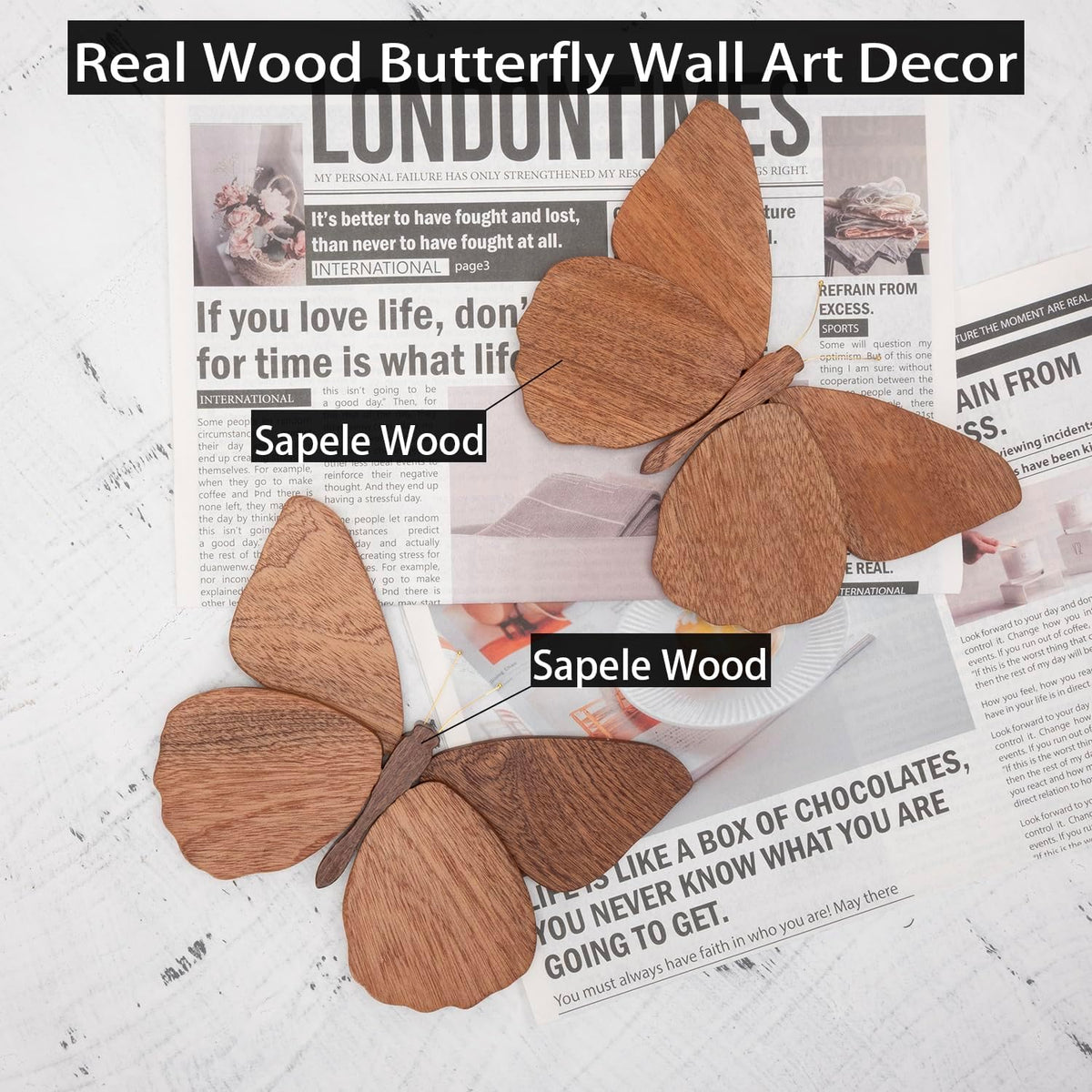 Telinego 2 Pack Handmade Wooden Butterfly Wall Art Sculpture Hanging Decor