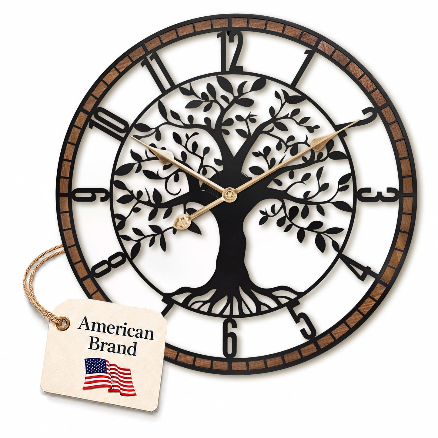 24 Inch Large Modern Metal Tree Wall Clock for Living Room Decor,Wood Frame