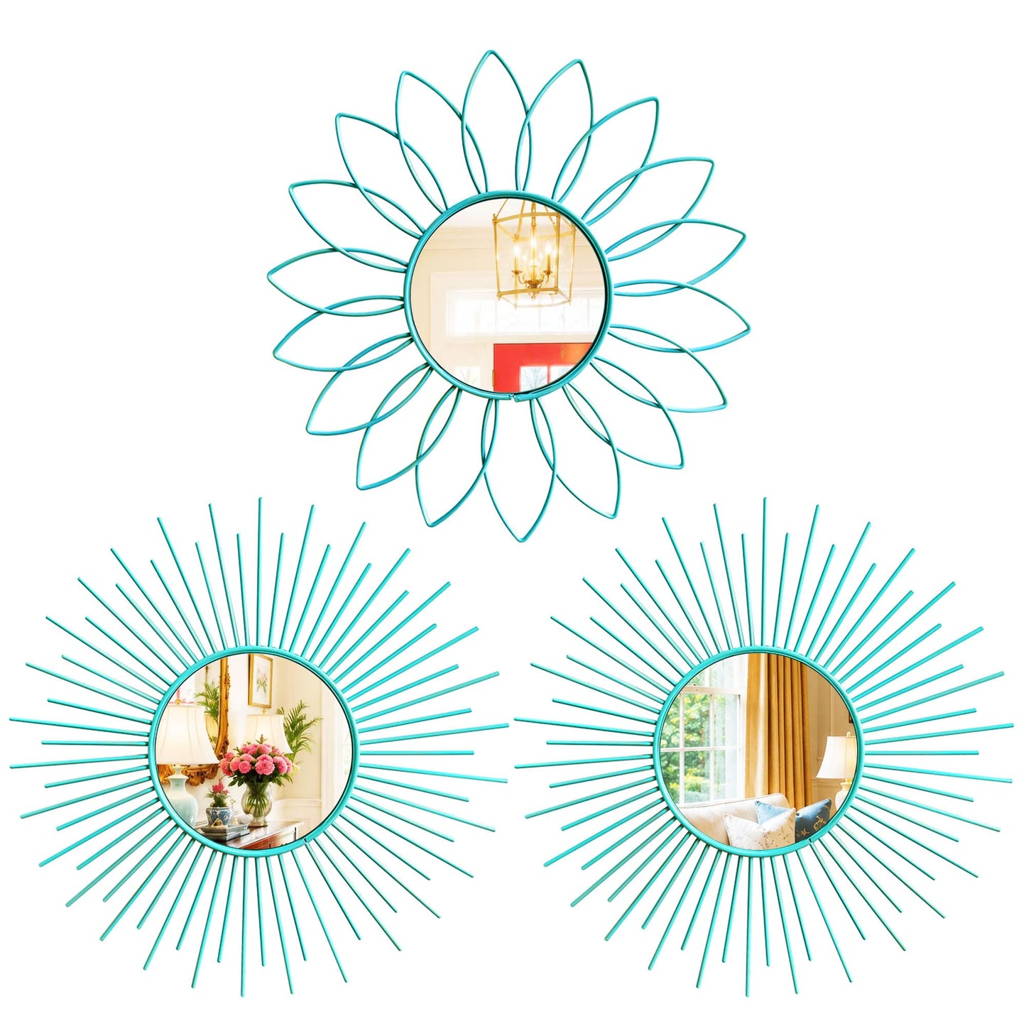 3 Pack Metal Mirrors for Wall Sunburst Wall Mirrors Home Décor Decorative Hanging Wall Art for Living Room Bedroom Entryway (Gold, Flower+Sunburst)