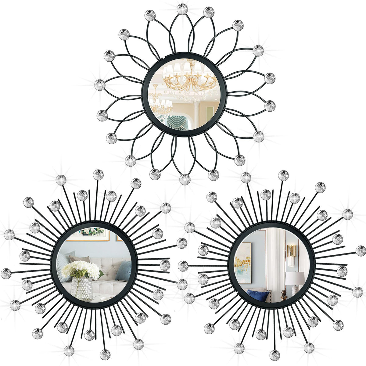 3 Pack Metal Mirrors for Wall Sunburst Wall Mirrors Home Décor Decorative Hanging Wall Art for Living Room Bedroom Entryway (Gold, Flower+Sunburst)
