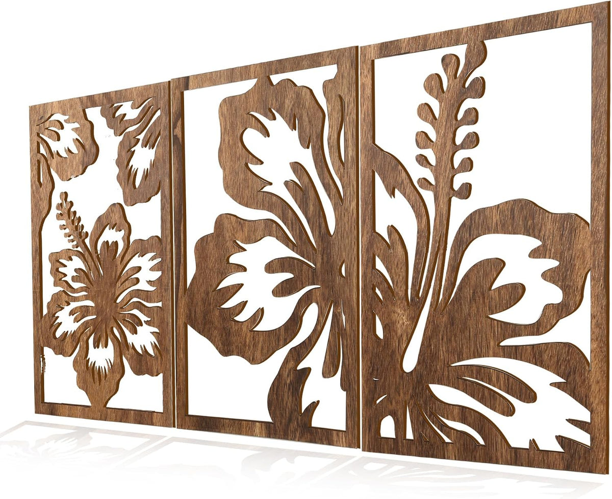 Motivilla Wood Wall Art Set of 3, Dark Floral Decor for Living Room