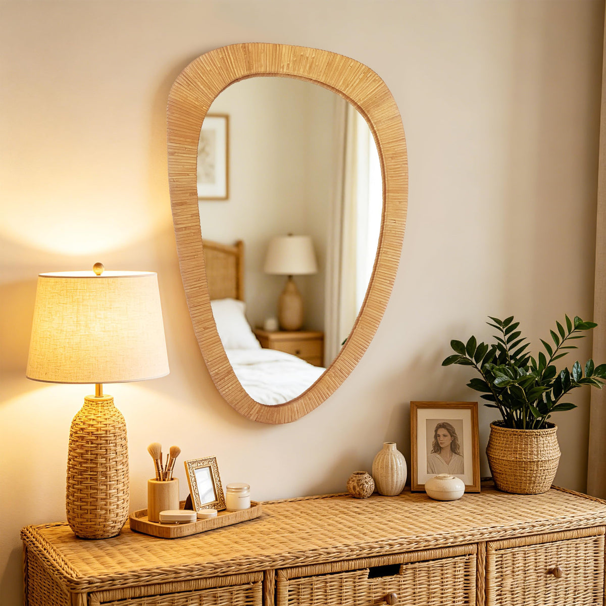BAODANFU Irregular Natural Rattan Mirror, 18×53 Inch Full Length Wall Mirror, 4-Way Handwoven Decorative Asymmetrical Mirrors, Boho Rustic Decor for Entryway Bedroom Living Room Home
