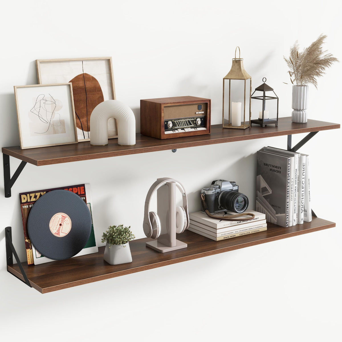 Acovy Deep Floating Shelves Wall Mounted, 36"x12" Brown Wood Shelves with Brackets Set of 2 for Bedroom, Living Room, Bathroom, Kitchen, Office - Storage & Display Shelf for Decor, Books, Plants