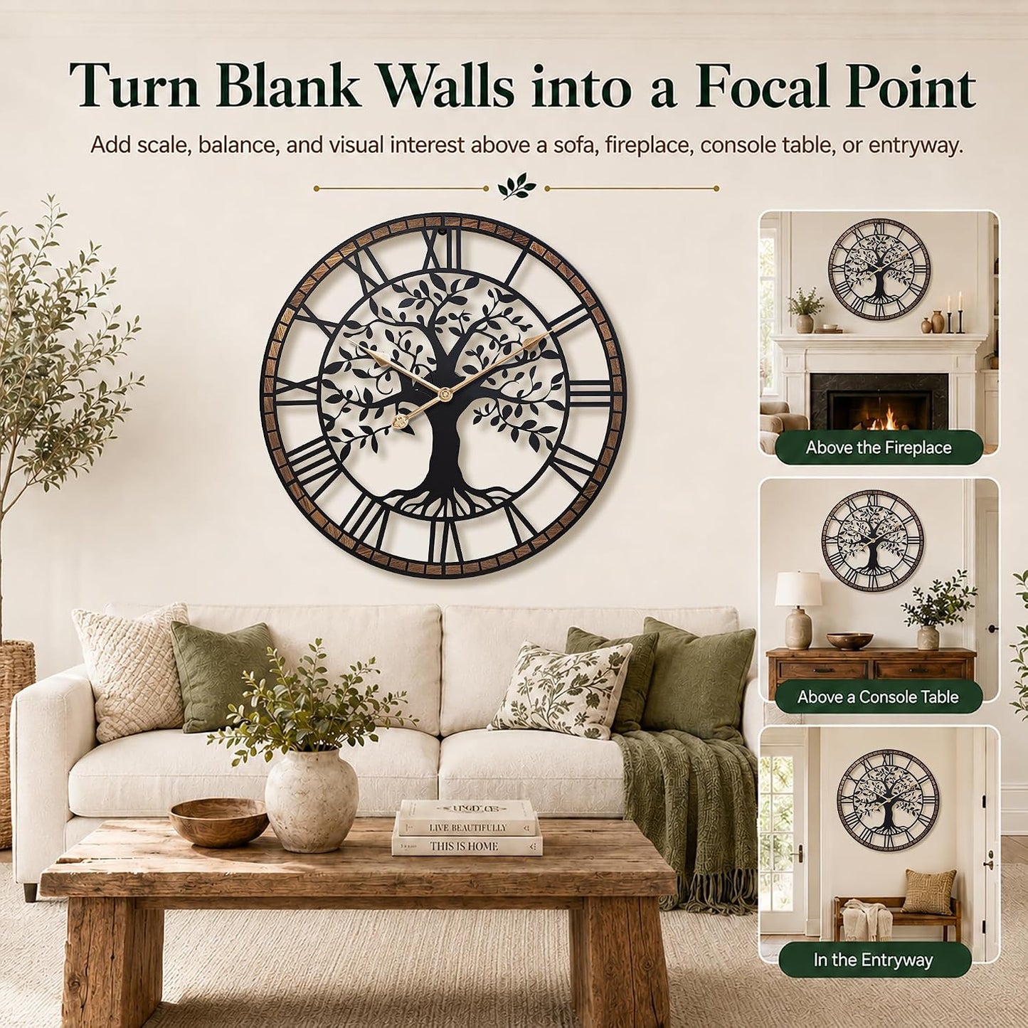 24 Inch Large Modern Metal Tree Wall Clock for Living Room Decor,Wood Frame