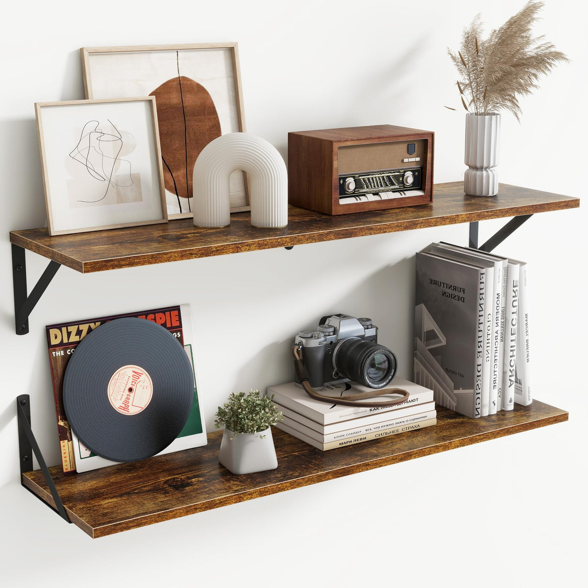 Acovy Deep Floating Shelves Wall Mounted, 36"x12" Black Wall Shelves with Brackets Set of 2 for Bedroom, Living Room, Bathroom, Kitchen, Office - Storage & Display Shelf for Decor, Books, Plants