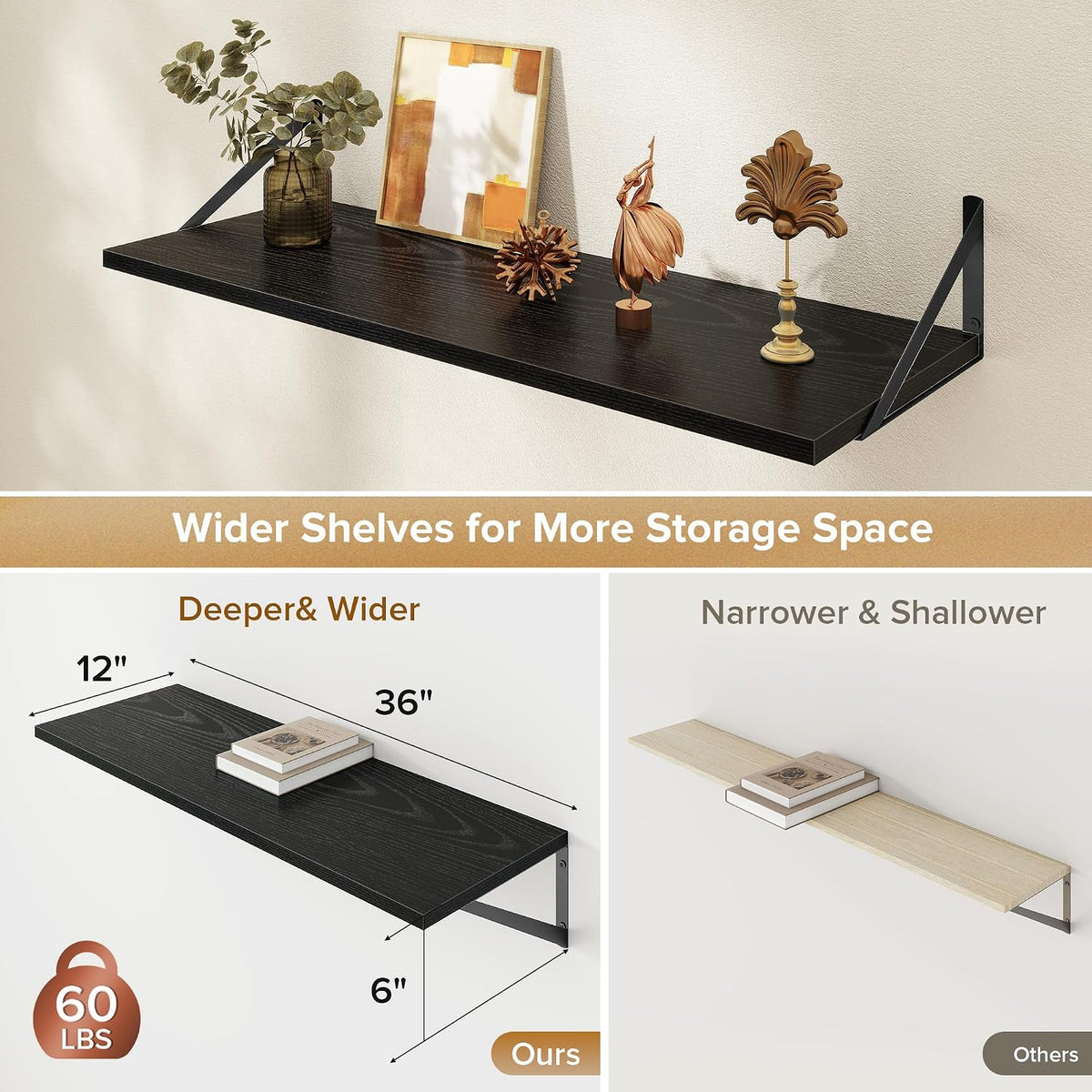 Acovy Deep Floating Shelves Wall Mounted, 36"x12" Black Wall Shelves with Brackets Set of 2 for Bedroom, Living Room, Bathroom, Kitchen, Office - Storage & Display Shelf for Decor, Books, Plants