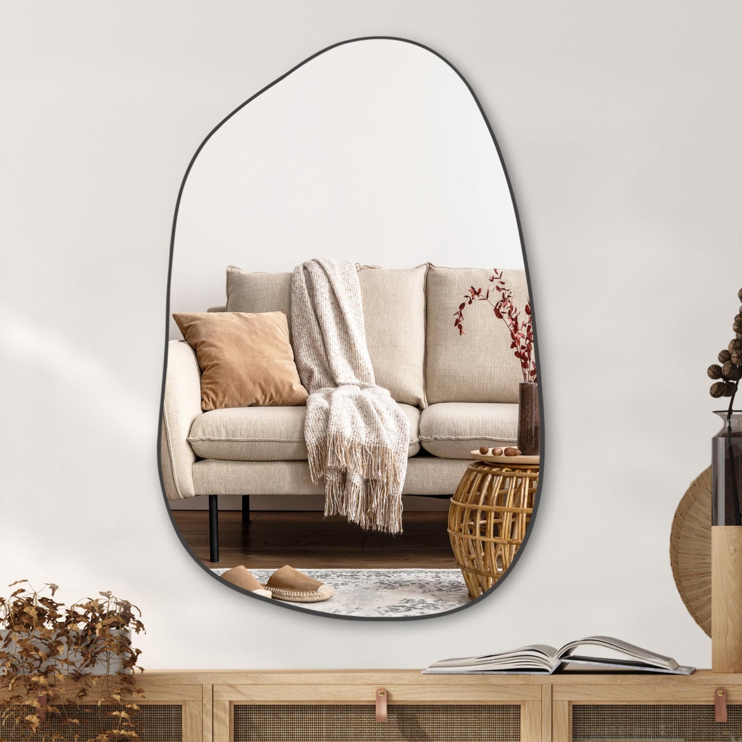 PERFNIQUE Irregular Asymmetrical Wall Mirror, 32"x24" Gold Bathroom Mirror