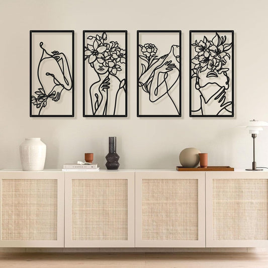 Black Metal Abstract Wall Art, Minimalist Woman Flower Bathroom Wall Decor