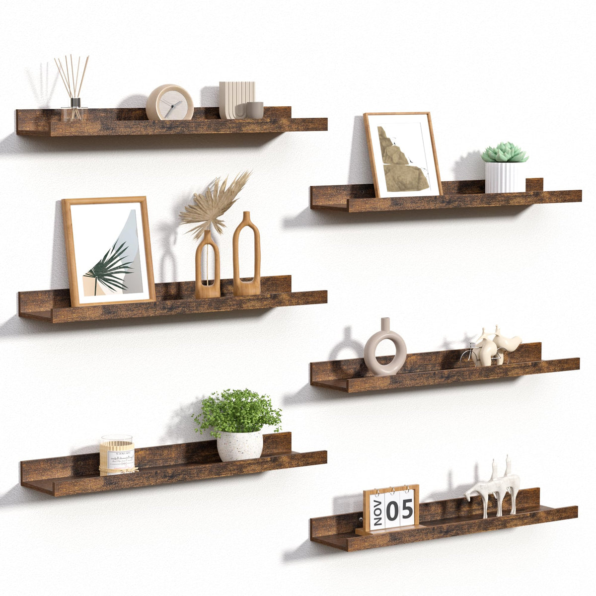 upsimples Floating Shelves for Wall Decor and Storage, Brown, 6Pcs 15.7''