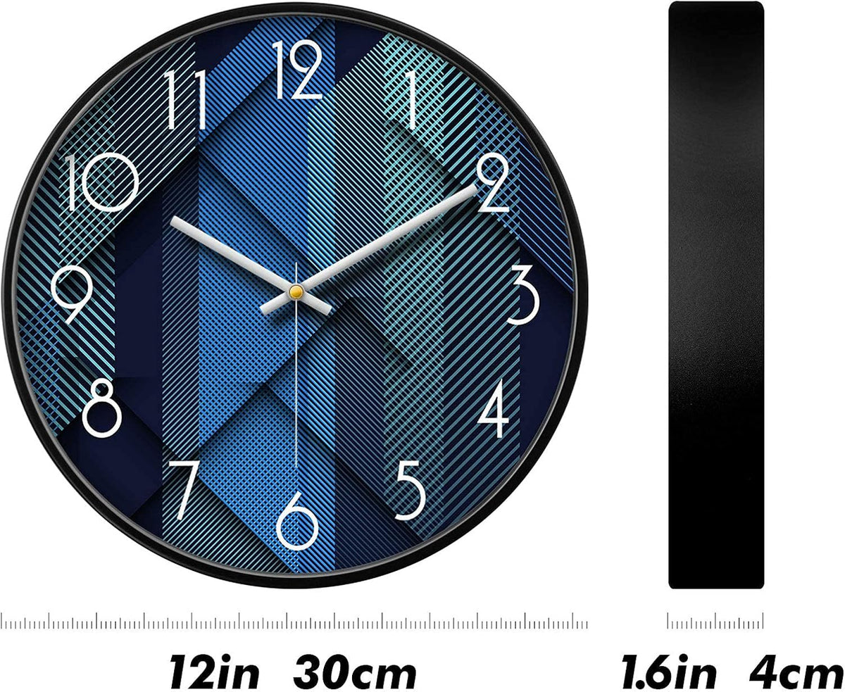 Silent Non-Ticking Analog Wall Clock, Geometric Blue Print, 12''