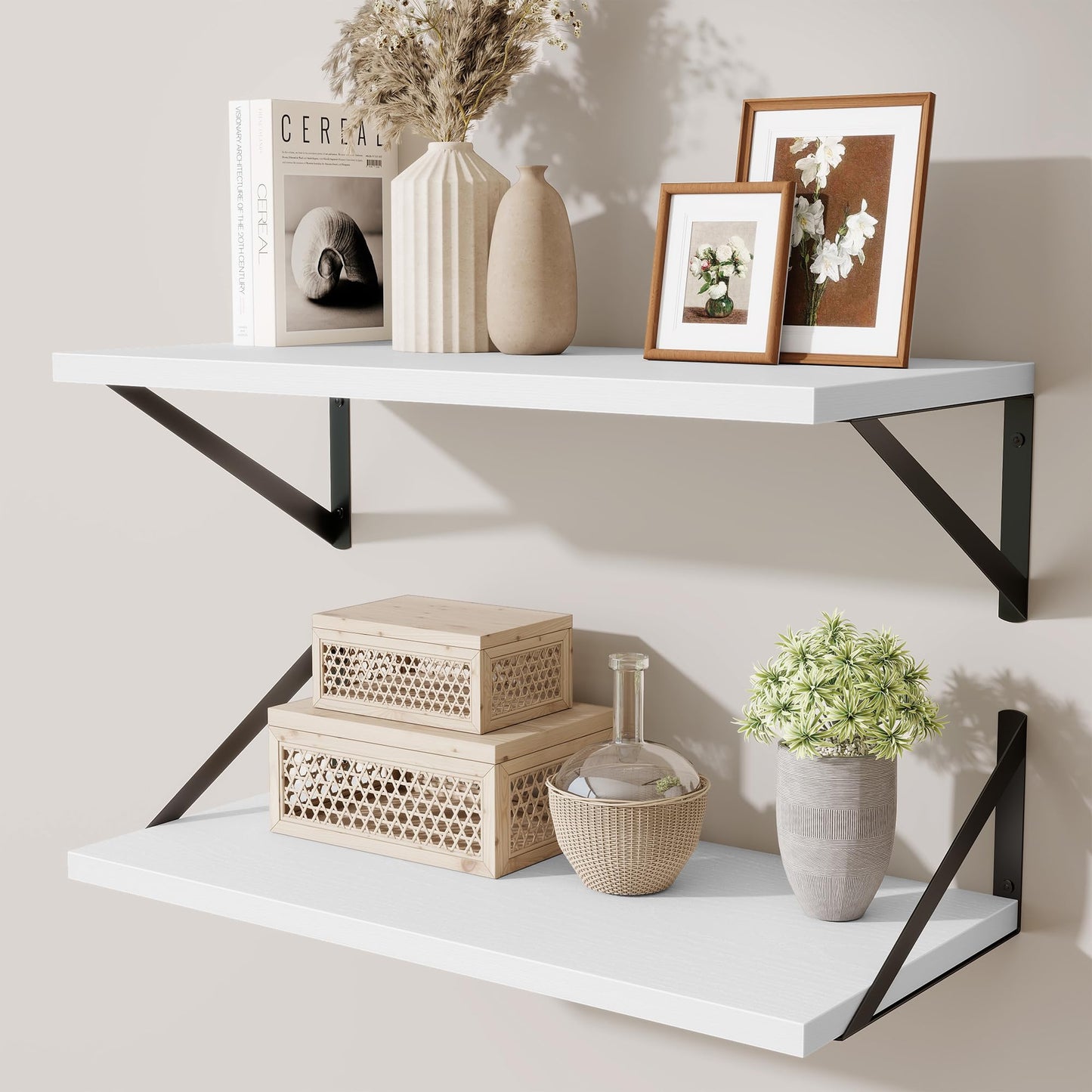 Acovy Deep Floating Shelves Wall Mounted, 36"x12" Brown Wood Shelves with Brackets Set of 2 for Bedroom, Living Room, Bathroom, Kitchen, Office - Storage & Display Shelf for Decor, Books, Plants