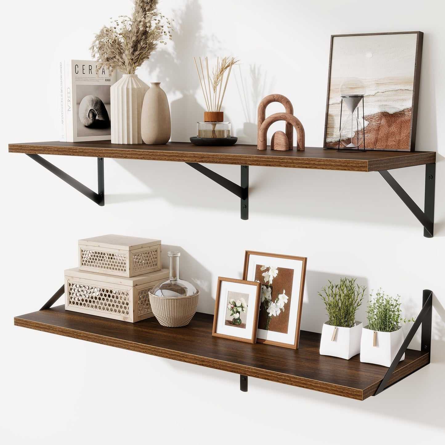 Acovy Deep Floating Shelves Wall Mounted, 36"x12" Brown Wood Shelves with Brackets Set of 2 for Bedroom, Living Room, Bathroom, Kitchen, Office - Storage & Display Shelf for Decor, Books, Plants