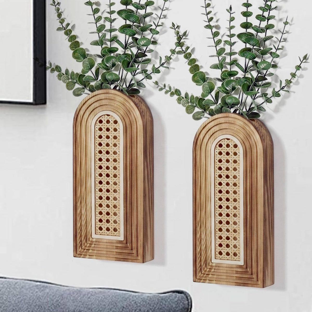 Dnnnii 2 Pack Wooden Wall Vase Set - Brown Finish Modern Farmhouse & Boho Wall Decor for Entryway, Hallway, Bathroom, Living Room, Dining Room, Narrow Spaces