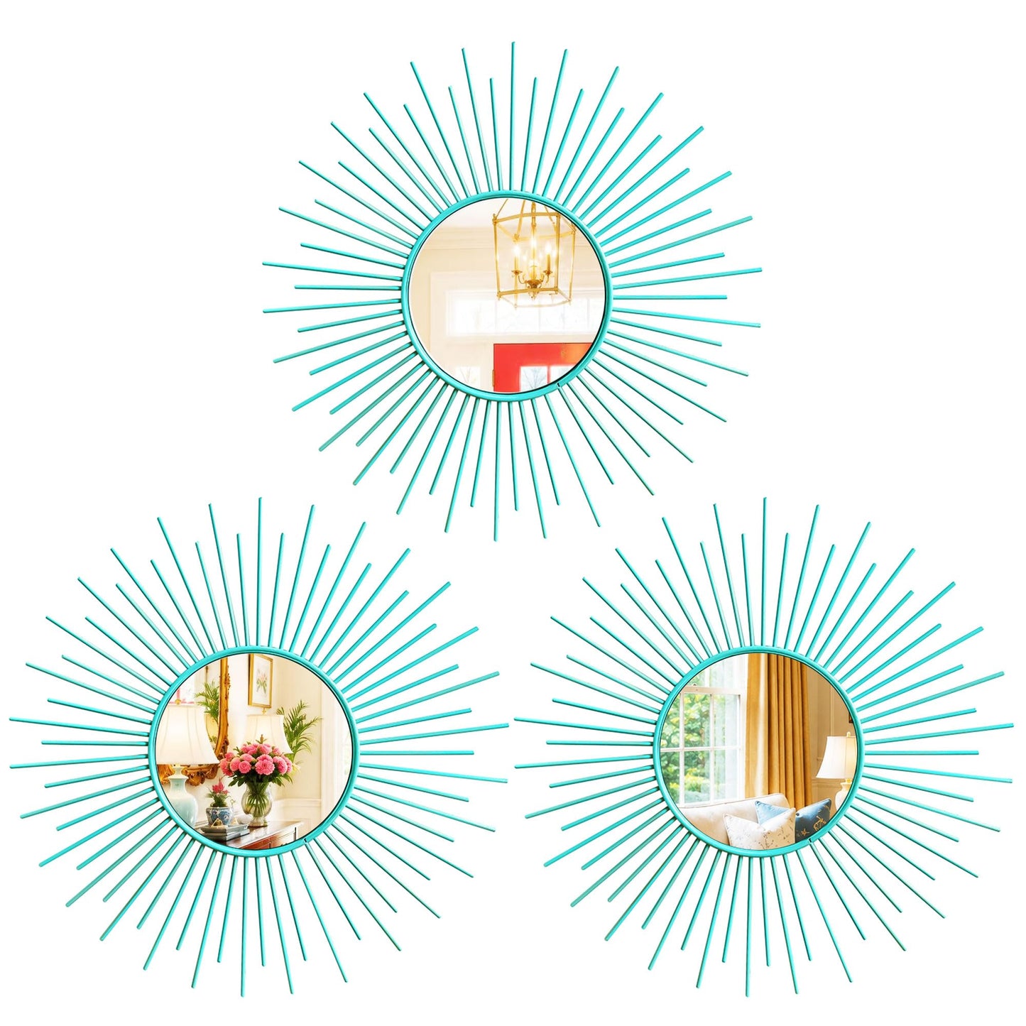 3 Pack Metal Mirrors for Wall Sunburst Wall Mirrors Home Décor Decorative Hanging Wall Art for Living Room Bedroom Entryway (Gold, Flower+Sunburst)